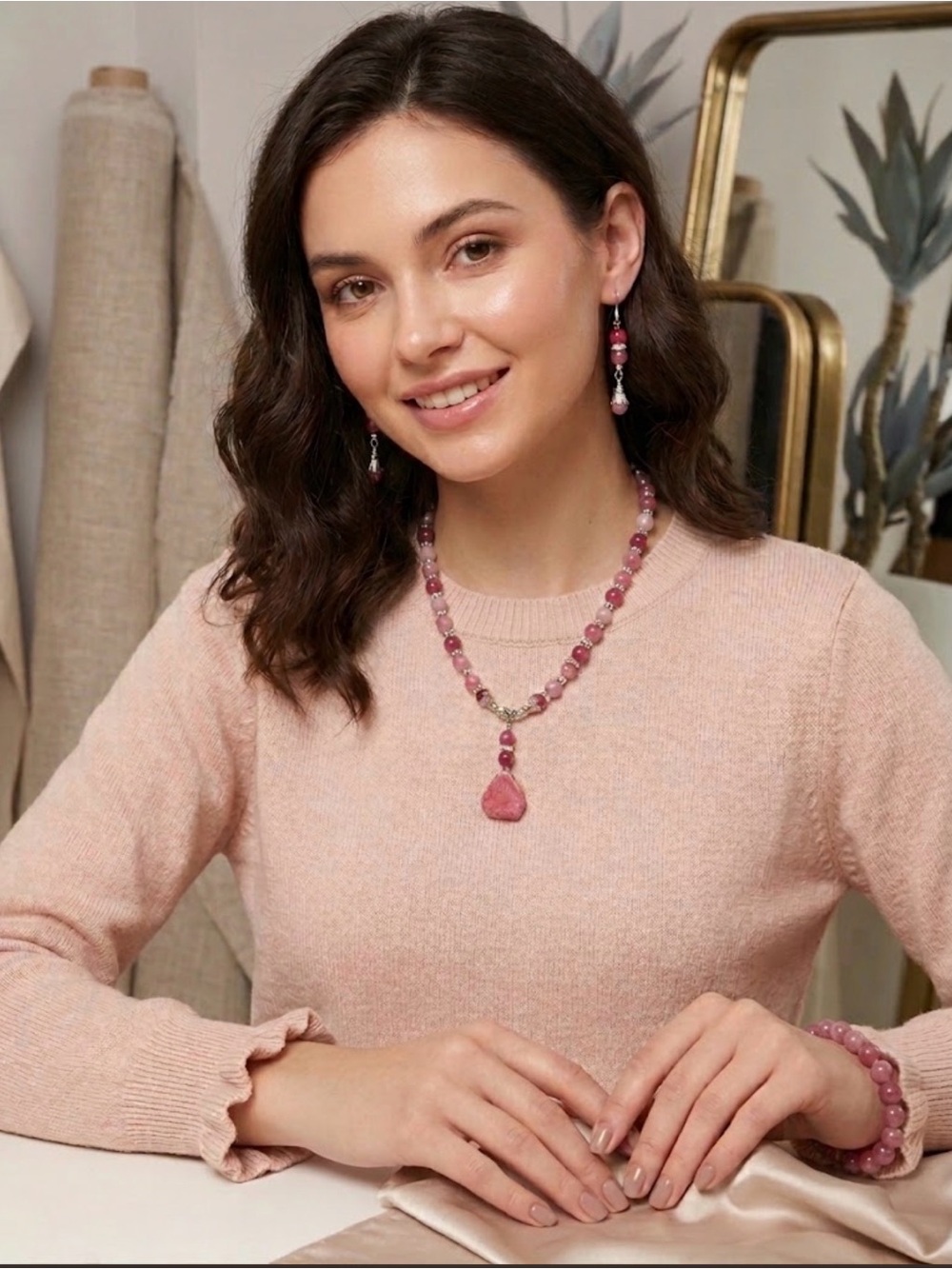 Rose Crystal Teardrop Necklace - Pink Beaded Pendant